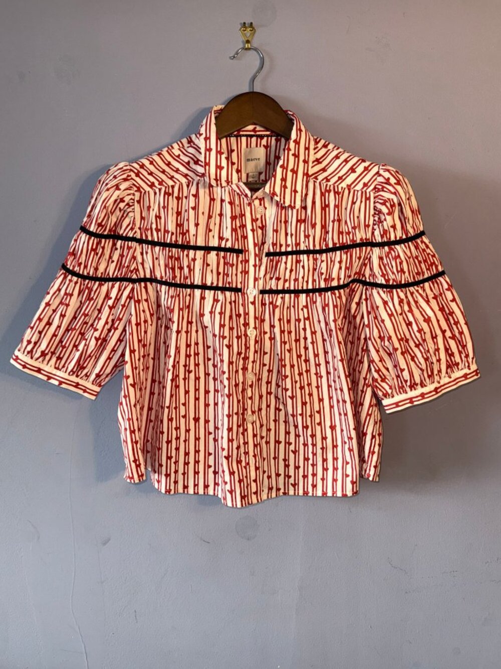 Anthropologie Maeve Leandra Shirred Yoke Blouse Red Hearts Stripe Top Size L